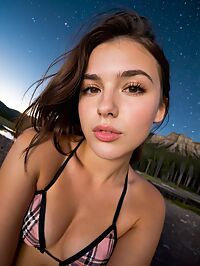 Young brunette in lingerie under the moonlit lights of Yellowstone National Park
